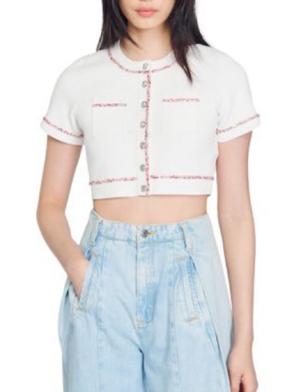 Sandro Cream Cropped Button-Front Short Sleeve Shirt
